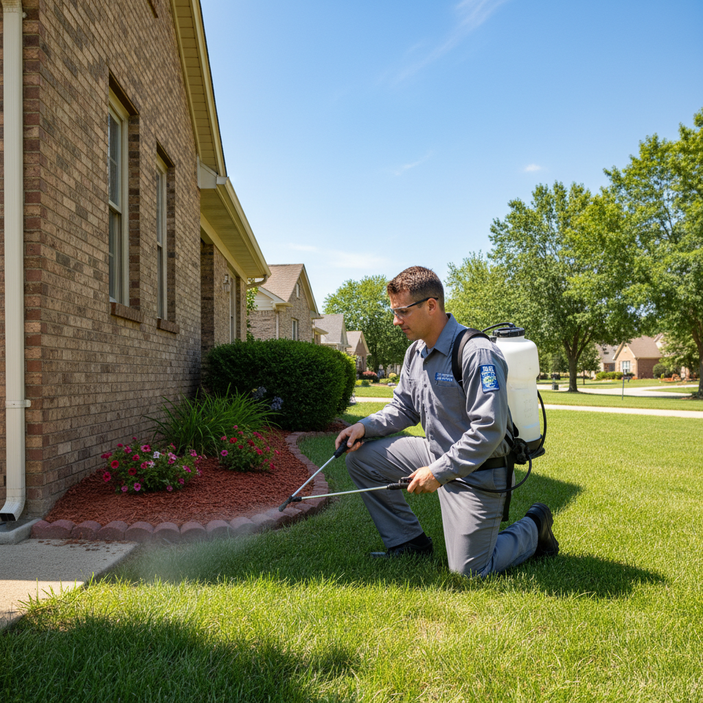 Professional ant control technician treating home exterior in Crown Point, Indiana