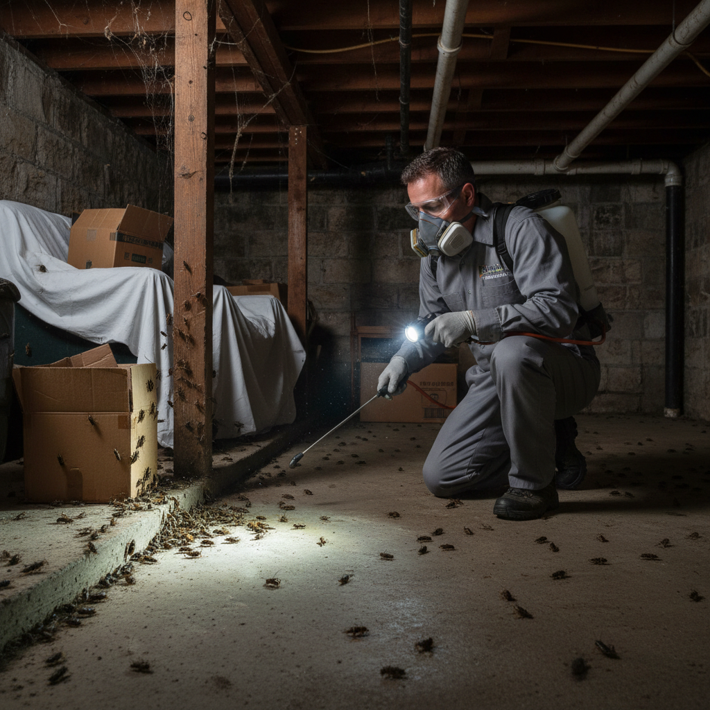 Professional house cricket control treatment in Crown Point Indiana home basement