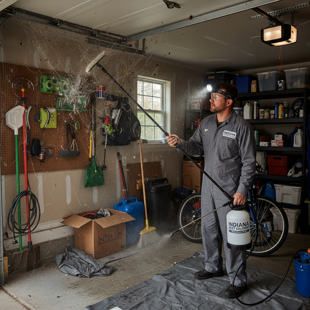 Professional spider control technician removing webs in Crown Point Indiana garage