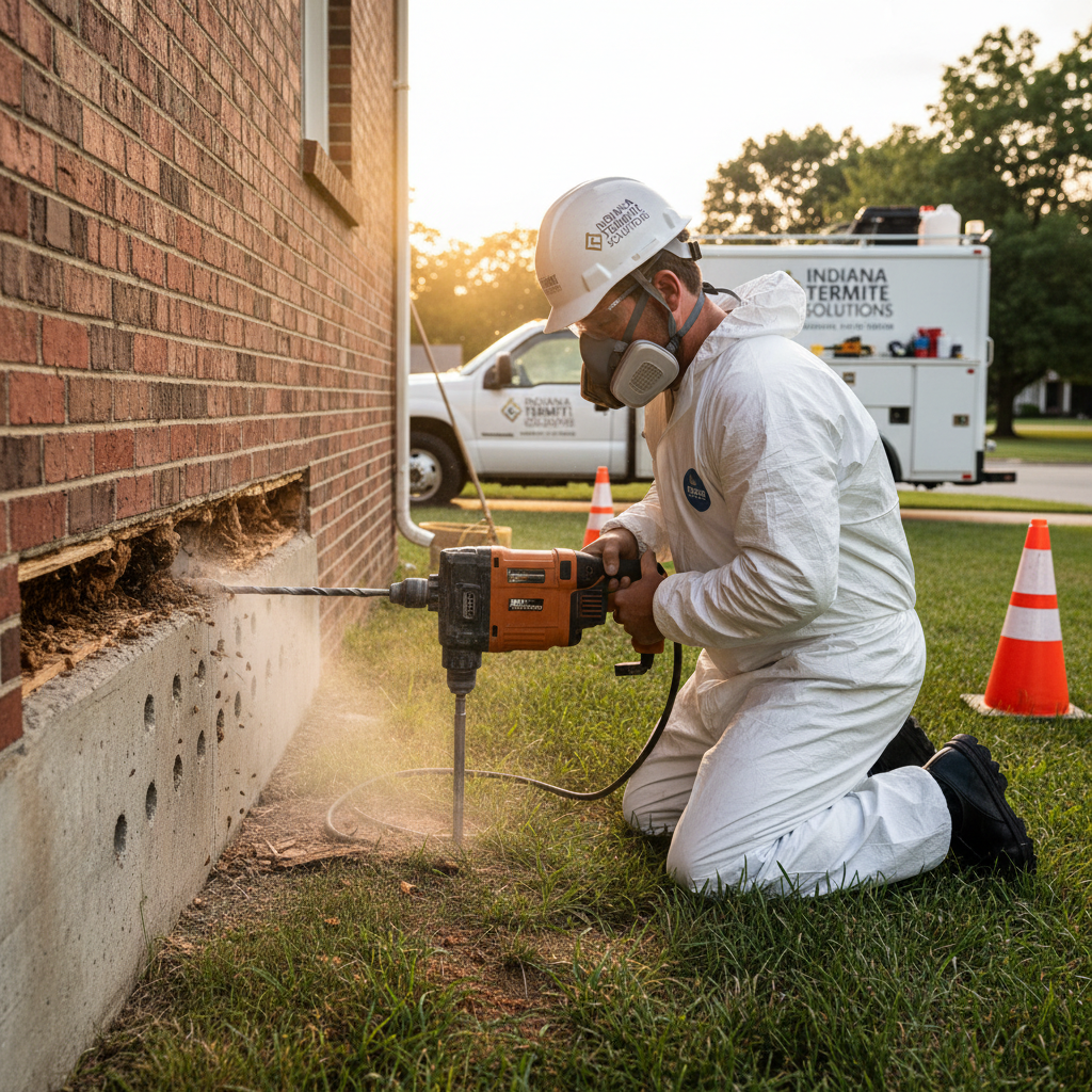 Professional termite control technician inspecting Crown Point Indiana home foundation